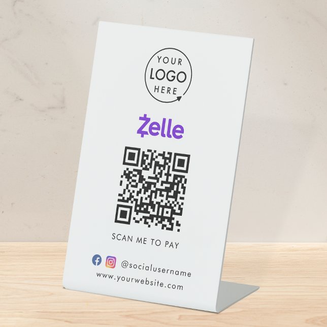Zelle QR Code Payment | Scan to Pay Business Logo Pedestal Sign (Interactive "scan to pay” QR code cash wrap table signage for collecting digital payment by Zelle.)