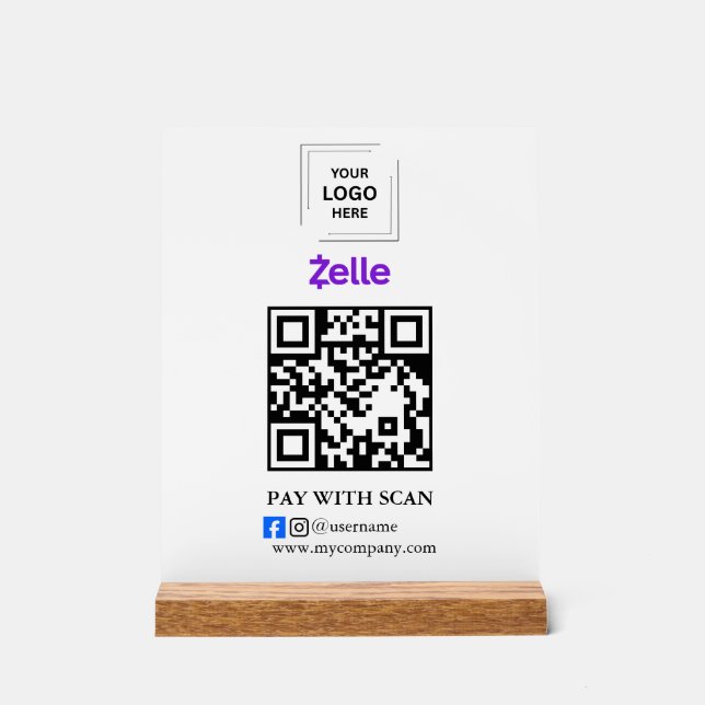 Zelle QR Code Scan to Pay Acrylic Business Sign (Front)