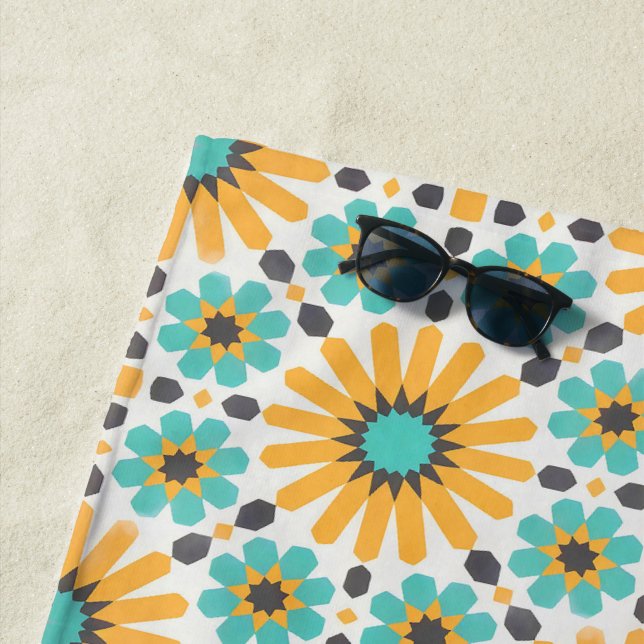 Zellige Radiance: Colorful Andalusian Geometry Beach Towel (In Situ)