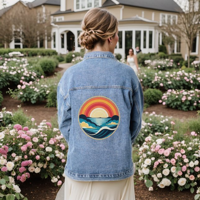 Zen Art Deco Sunset over Water Denim Jacket (Wedding Back)