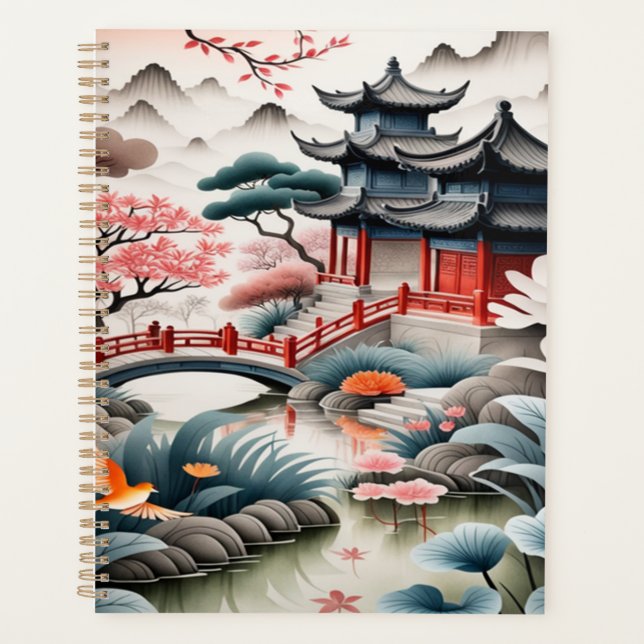 Zen Asian Landscape Pagoda Scenic Art Spiral  Planner (Front)