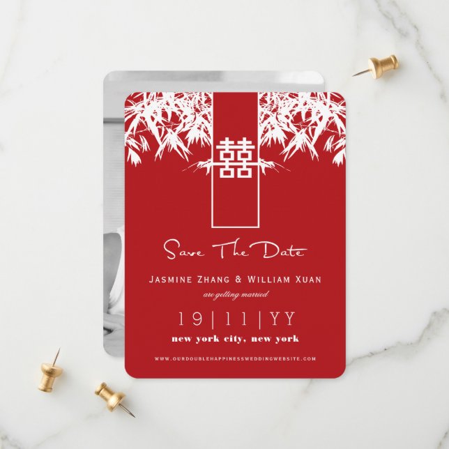 Zen Bamboo Double Happiness Chinese Save The Date (Front/Back In Situ)