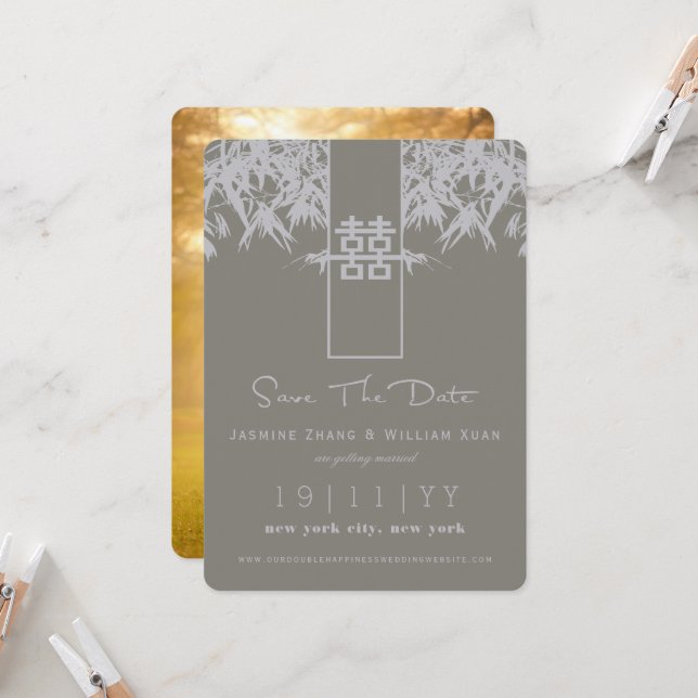 Zen Bamboo Double Happiness Chinese Save The Date  Invitation (Front/Back In Situ)