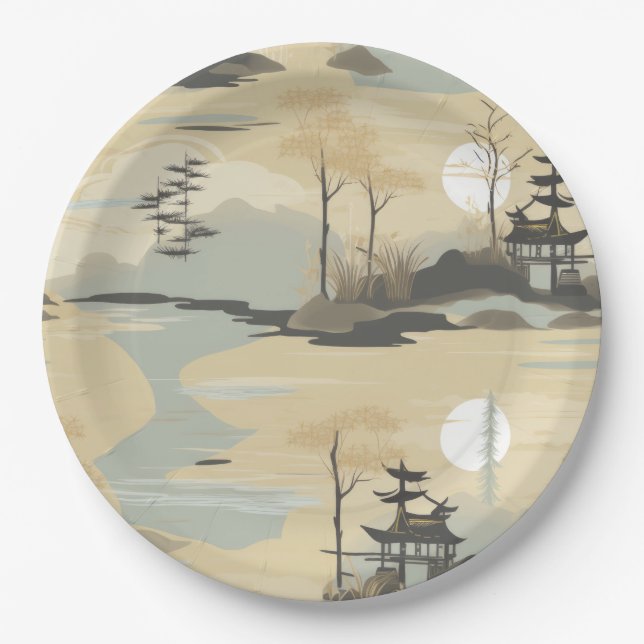 Zen Bamboo Forest Botanical Pattern (4) Paper Plates (Front)