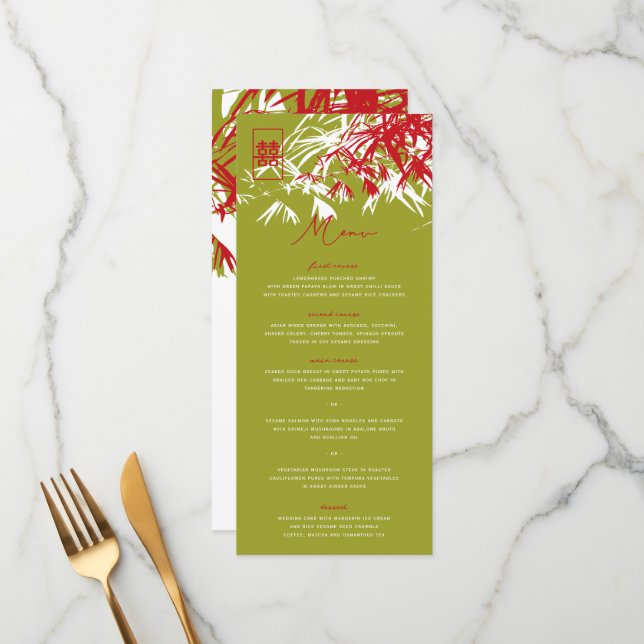 Zen Bamboo Leaves Double Happiness Chinese Wedding Menu (Front/Back In Situ)