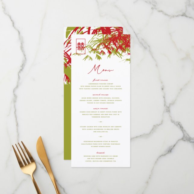 Zen Bamboo Leaves Double Happiness Chinese Wedding Menu (Front/Back In Situ)