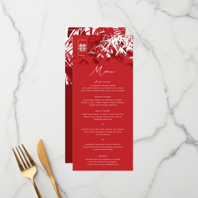 Zen Bamboo Leaves Double Happiness Chinese Wedding Menu (Front/Back In Situ)