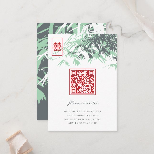 Zen Bamboo Leaves Double Happiness Chinese Wedding Place Card (Front/Back In Situ)