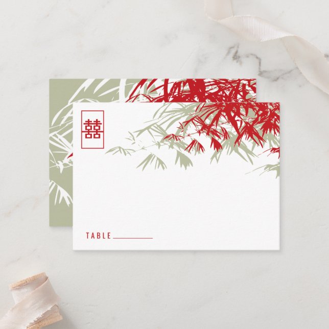 Zen Bamboo Leaves Double Happiness Chinese Wedding Place Card (Front/Back In Situ)