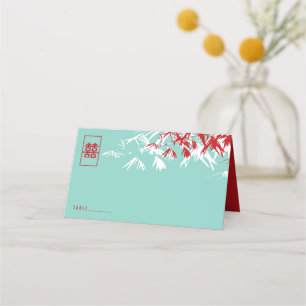 Zen Bamboo Leaves Double Happiness Chinese Wedding Place Card