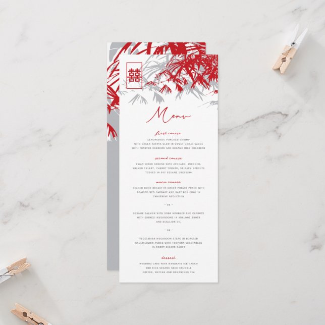 Zen Bamboo Leaves Double Happiness Wedding Menu Invitation (Front/Back In Situ)