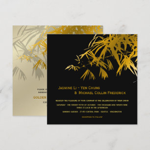 Zen Bamboo Leaves Gold Black Modern Asian Wedding Invitation