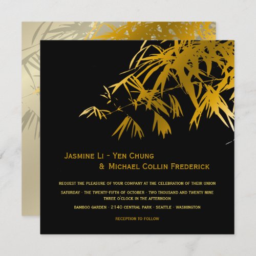 Zen Bamboo Leaves Gold Black Modern Asian Wedding Invitation