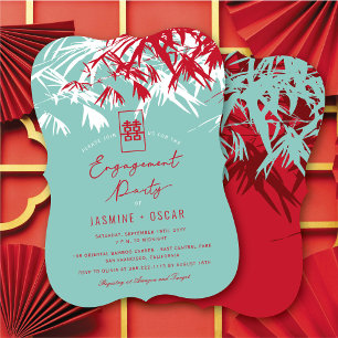 Zen Bamboo Leaves Modern Chinese Engagement Party Invitation