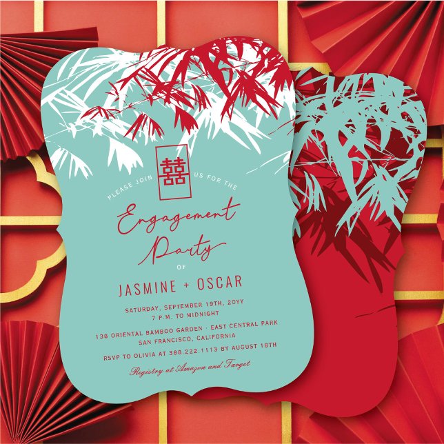 Zen Bamboo Leaves Modern Chinese Engagement Party Invitation (Zen Bamboo Leaves Modern Chinese Engagement Party Invitation @ fatfatin_red_knot)
