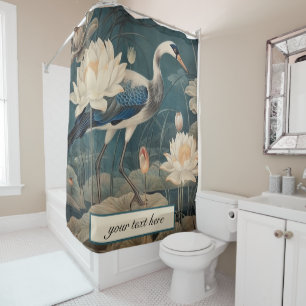 Zen Blue Crane Botanical Floral Custom Bathroom Shower Curtain