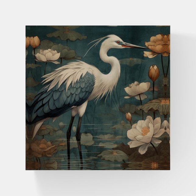Zen Blue Crane & Lotus Botanical Masterwork  Paperweight (Front)
