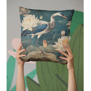 Zen Blue Crane & Lotus Chinoiserie Botanical Art  Throw Pillow