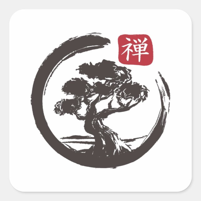 Zen Bonsai Tree Enso Circle Japanese Square Sticker (Front)