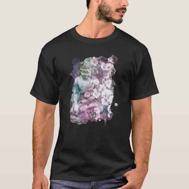 *~* Zen Buddha Flowers Pastel Black Men T-Shirt (Front)