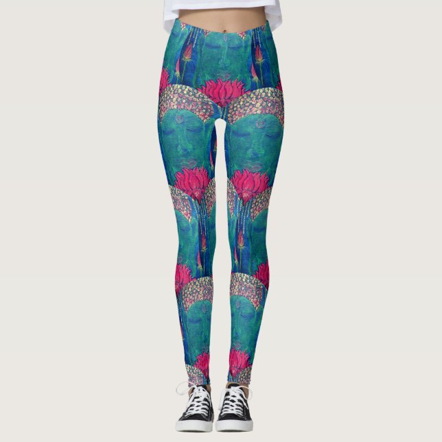 Zen Buddha Lotus Green Pattern Yoga Art Leggings (Front)
