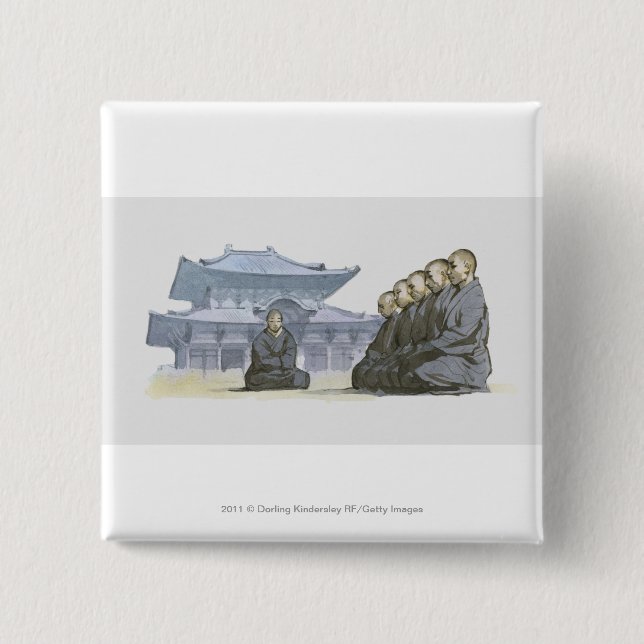 Zen Buddhist monks kneeling outside temple Button (Front)