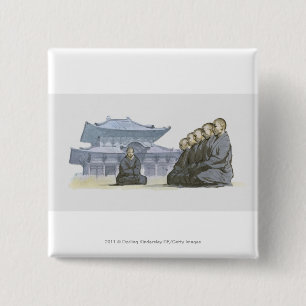 Zen Buddhist monks kneeling outside temple Button