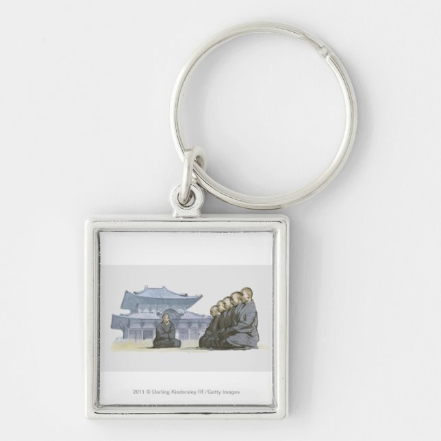 Zen Buddhist monks kneeling outside temple Keychain (Front)