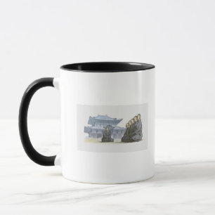 Zen Buddhist monks kneeling outside temple Mug
