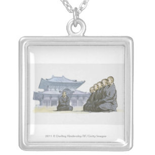 Zen Buddhist monks kneeling outside temple Silver Plated Necklace