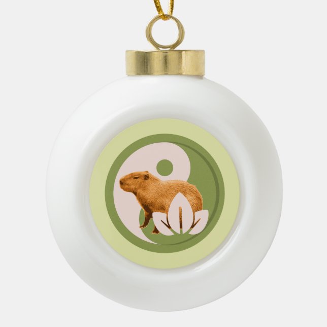 Zen Capybara Yin Yang Ceramic Ball Christmas Ornament (Front)