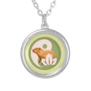 Zen Capybara Yin Yang Peaceful Nature Art Silver Plated Necklace