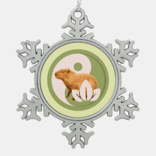 Zen Capybara Yin Yang Peaceful Nature Snowflake Pewter Christmas Ornament