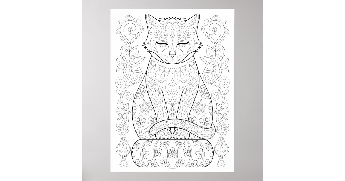 Zen Cat Coloring Poster Colorable Cat Art Poster Zazzle