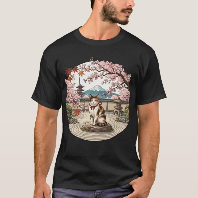 Zen Cat in Sakura Cherry Blossom Garden Art T-Shirt (Front)