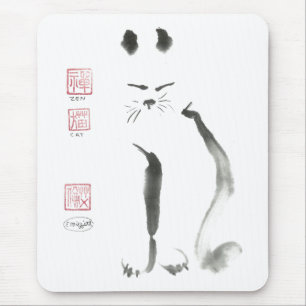 Zen Cat Meditation -  Sumi-e [ink painting] Mouse Pad