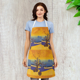 Zen Cherry Blossom Tree Abstract Sunset Art Apron