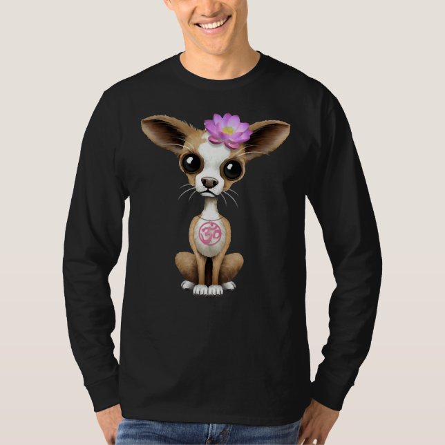 Zen Chihuahua Puppy With Pink Yoga Om Symbol T-Shirt (Front)