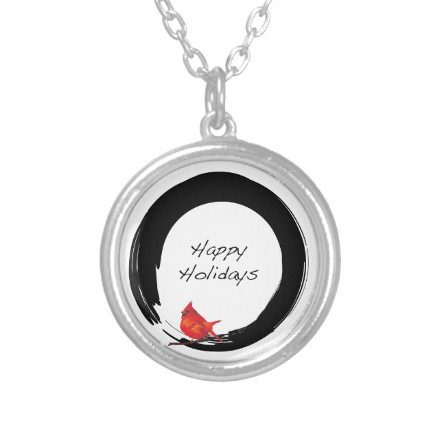 Zen Circle with Christmas Cardinal Silver Plated Necklace (Front)