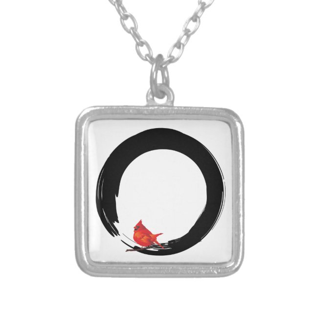 Zen Circle with Christmas Cardinal Silver Plated Necklace (Front)