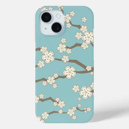 Zen Cream Sakura Cherry Blossom Flowers On Blue iPhone 15 Case