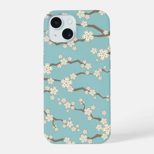 Zen Cream Sakura Cherry Blossom Flowers On Blue iPhone 15 Case