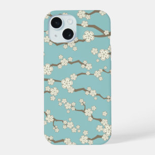 Zen Cream Sakura Cherry Blossom Flowers On Blue iPhone 15 Case