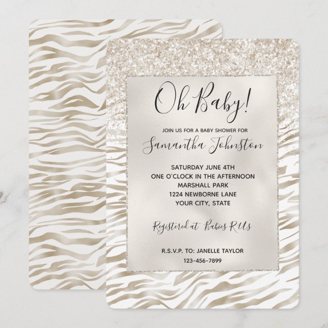 Zen Cream White Cocoa Brown Glitter Zebra Print Invitation (Front/Back)