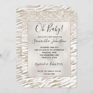 Zen Cream White Cocoa Brown Glitter Zebra Print Invitation