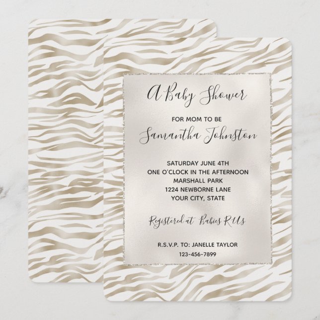 Zen Cream White Cocoa Brown Zebra Print Invitation (Front/Back)