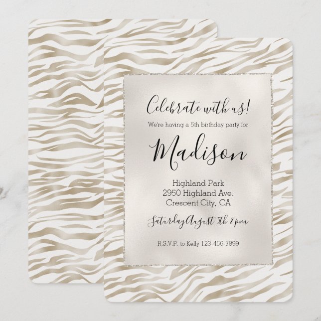 Zen Cream White Cocoa Brown Zebra Print Invitation (Front/Back)