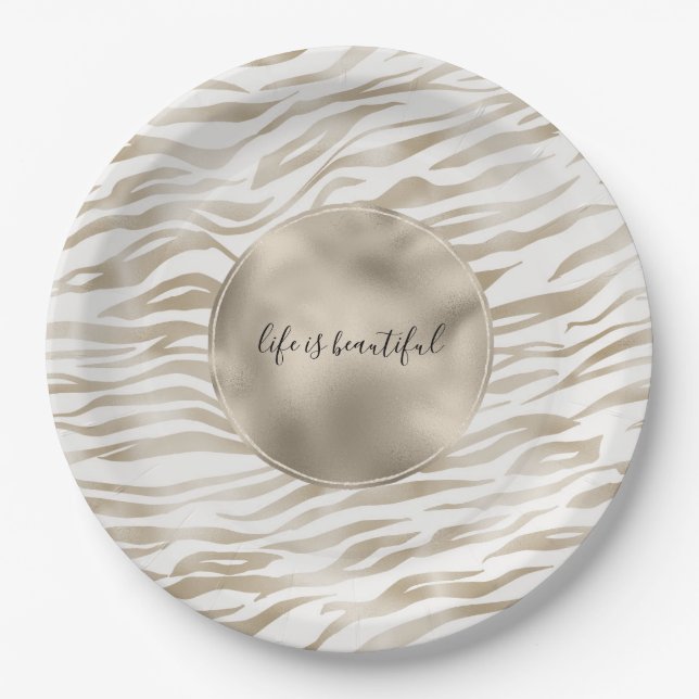 Zen Cream White Cocoa Brown Zebra Print Paper Plates (Front)
