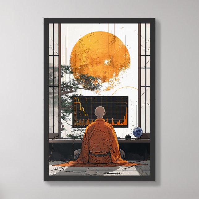 Zen Day Trader Contemplating Chart (Framed Front)