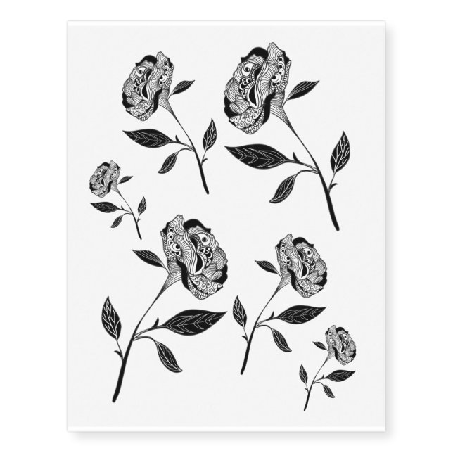 Zen doodle rose black flower graphic body art temporary tattoos (Front)